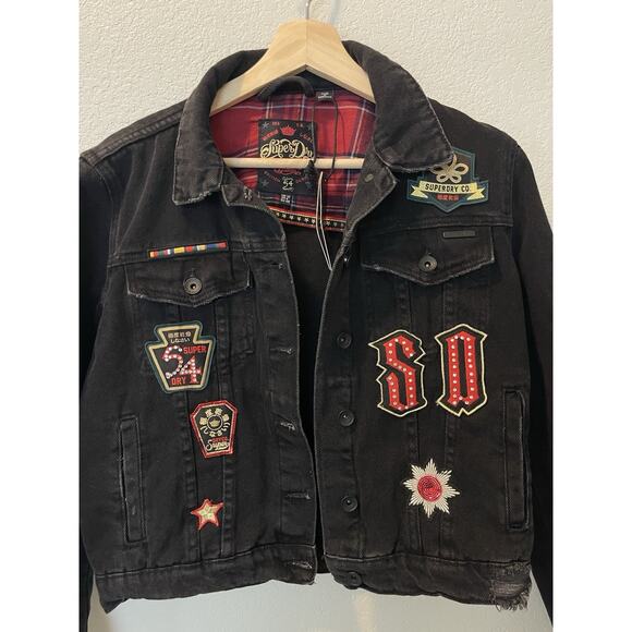 SUPERDRY Jacket NWT Women Size 8 Trucker Jean Patches Denim Black - Picture 5 of 13